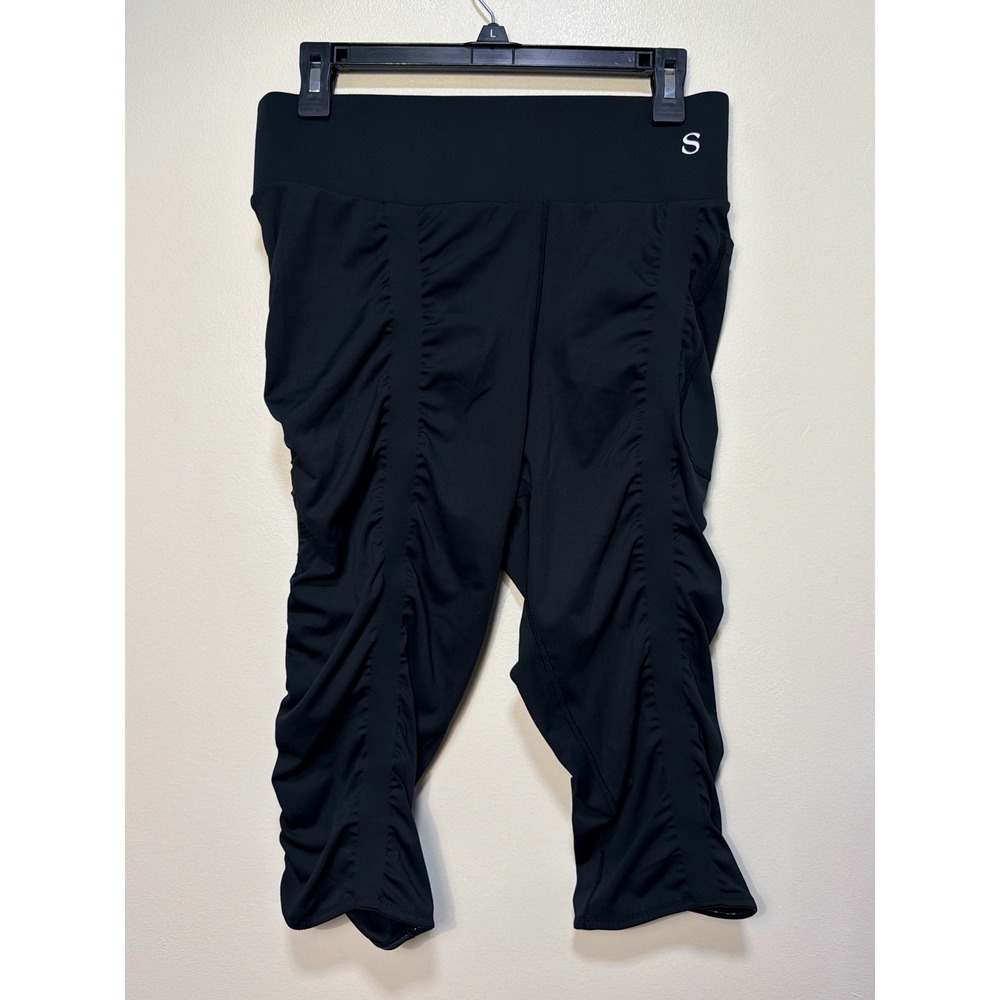 Skinnify Leggings 4 bands XL Ruched Capri Scrunch Butt Pockets Black Activewear